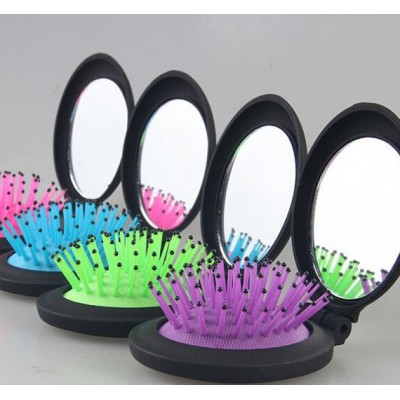 Portable round shape cosmetic high quality wholesale cheap folding hair brush with mirror set for promotion